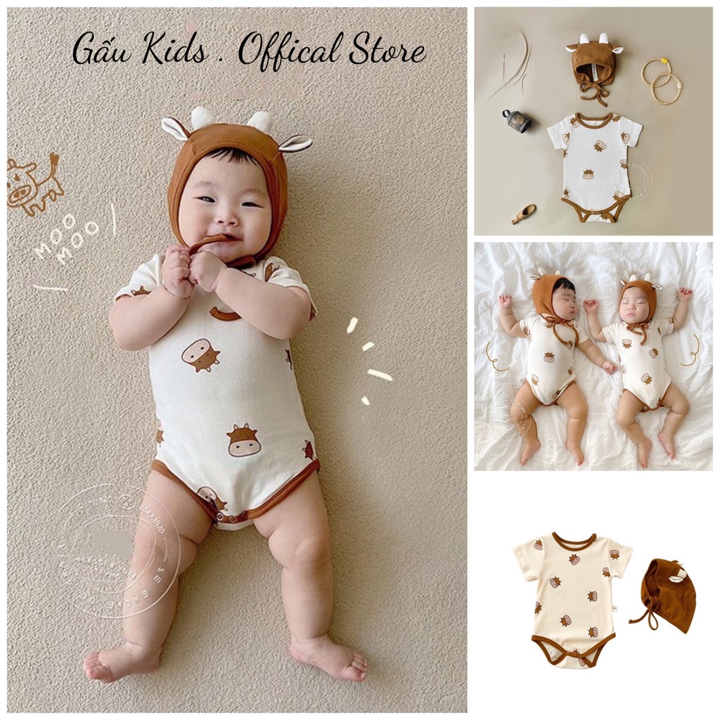 Bodysuit cho bé trai bé gái hình trâu chất 100% cotton kèm mũ nâu, body chip cho bé trai bé gái size 3 -12kg TE12