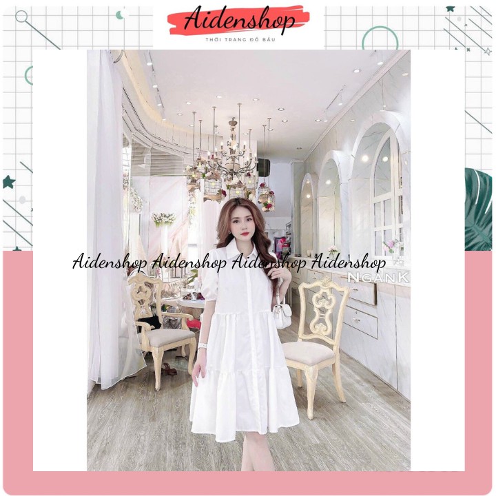 Váy bầu thời trang dáng sơ mi ulzzang cổ đức 3 tâng màu trắng,be,đen