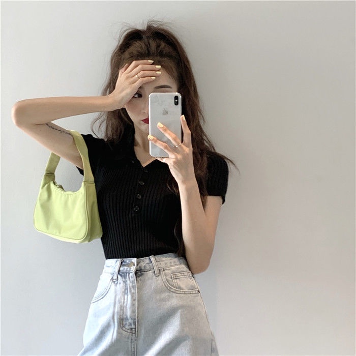 Áo polo IELGY dệt kim ngắn tay thời trang dành cho nữ