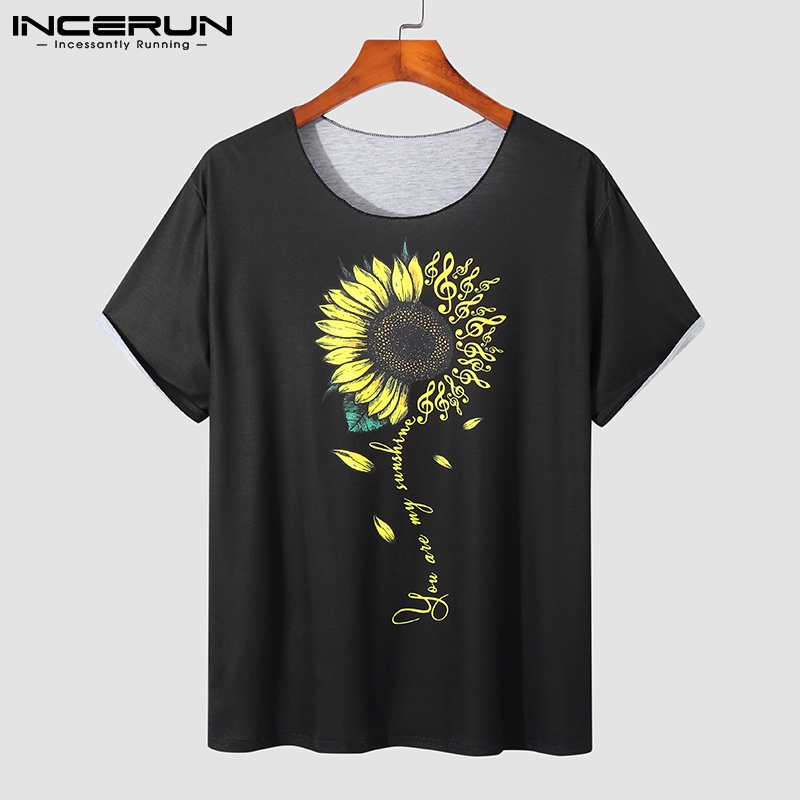 INCERUN Áo Thun Nam Ngắn Tay Cổ Tròn In Hoa
