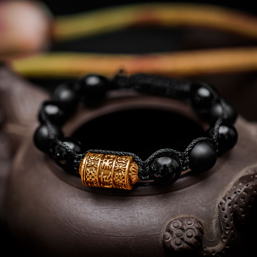 [QUÀ TẶNG/ LẮC TAY] Vòng tay phong thủy handmade thủ công đá thạch anh đen Kinh tự Om Mani Vàng shamballa phật giáo