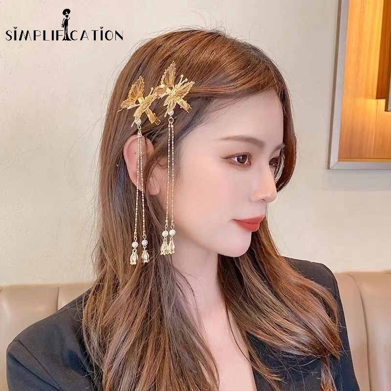 Kẹp Tóc Mỏ Vịt/Kẹp Tóc Hình Cánh Bướm Rỗng Bằng Kim Loại Đính Ngọc Trai Thanh Lịch Khí Chất Hàn Quốc