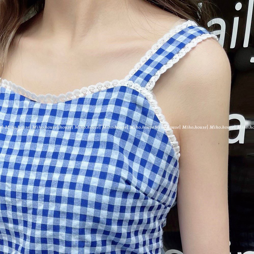 (FRESHIP) Đầm 2 dây caro xanh dương suông dài nơ sau lưng