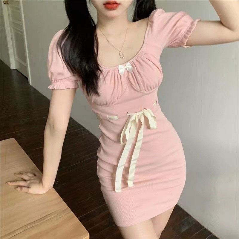 Xin LAN YA SHE Đầm Hồng Tay Ngắn Cổ Tròn Thắt Nơ Phong Cách Hàn Quốc Cho Nữ váy thiết kế tay bồng