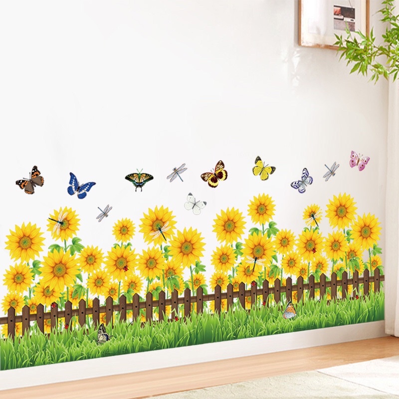 Decal dán chân tường hàng rào hoa hướng dương