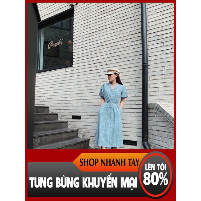 [ Sale 50% ] Váy kẻ tay bồng cài nút thời trang ivy