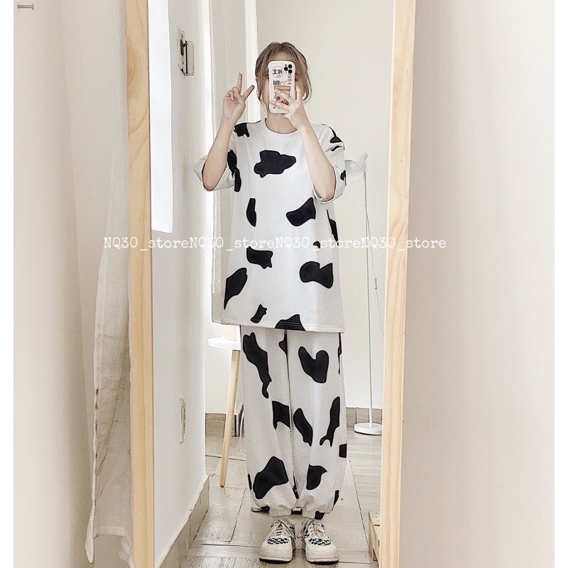 Set quần áo nữ ống rộng họa tiết loang bò sữa thời trang unisex/ Áo thun tay lỡ phối quần jogger chun ống_veestore | BigBuy360 - bigbuy360.vn