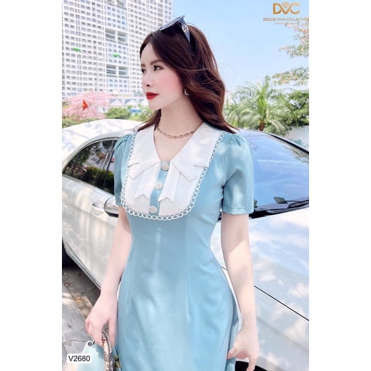 V2680 - váy dáng chữ A màu xanh