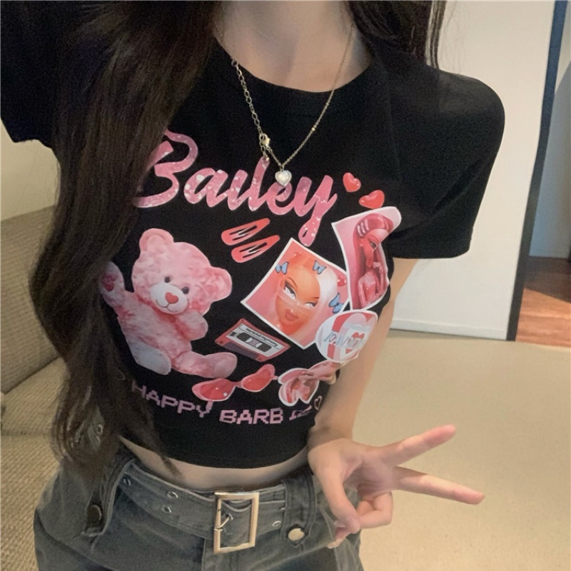 Áo Thun Tay Ngắn Dáng Ôm In Họa Tiết Hoạt Hình Dễ Thương Quyến Rũ Cho Nữ