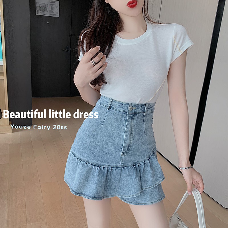 Hàng order - Chân váy jean ngắn（có lót trong) viền đuôi cá xinh hàng Quảng Châu