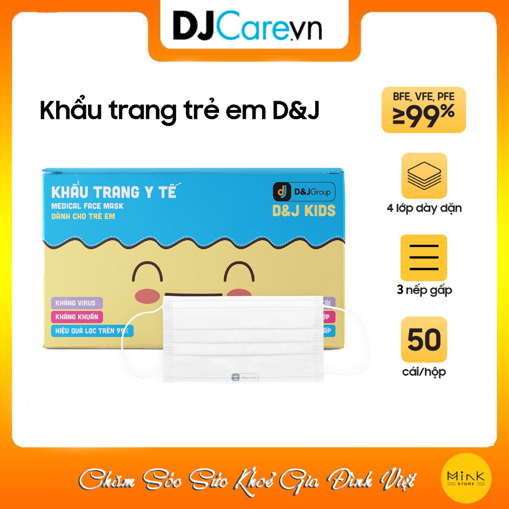 Combo 2 Hộp Khẩu Trang Kháng Khuẩn Trẻ Em Cao Cấp D&J Màu Trắng/Hộp 50 Cái