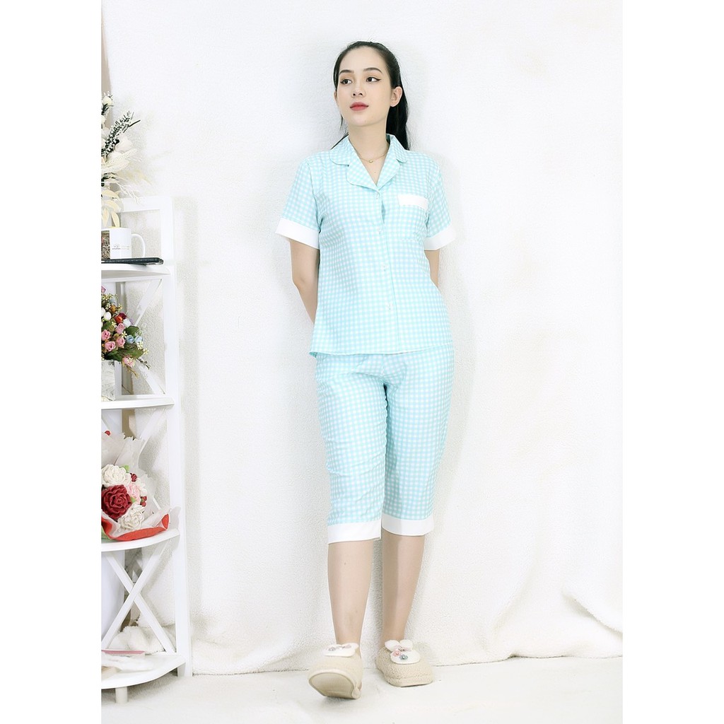 [HÌNH THẬT 100%] Bộ đồ Pijama nữ lửng họa tiết  XANH CARO TRẮNG - vải siêu lụa cao cấp - Cực Kì Sang Chảnh