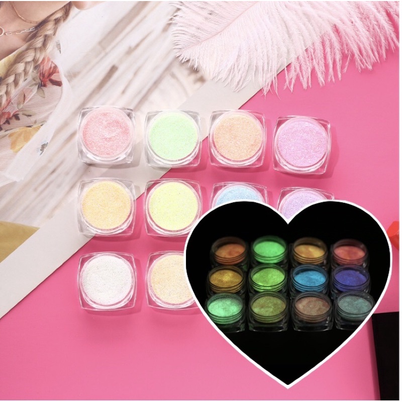 [R90-29] 12 màu nhũ tuyết, nhũ kim tuyến nhuyễn Dạ quang cao cấp, làm móng nail, trang trí phụ kiện | BigBuy360 - bigbuy360.vn