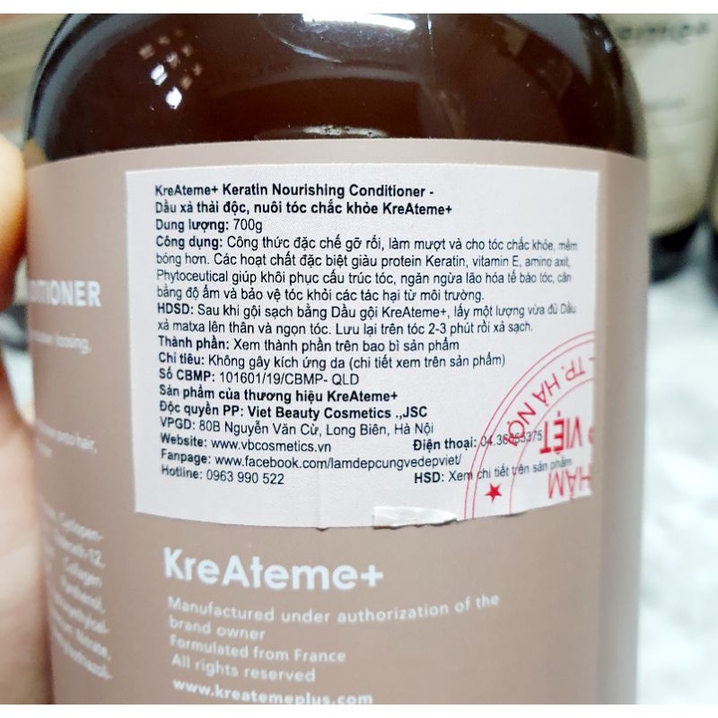 Bộ dầu gội xả dưỡng tóc KreAteme+ 750ml hàng chính hãng. Thải độc và nuôi dưỡng tóc mềm mượt