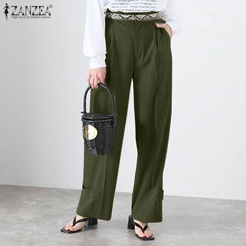 Quần dài ZANZEA ống rộng lưng thun có túi thời trang cho nữ