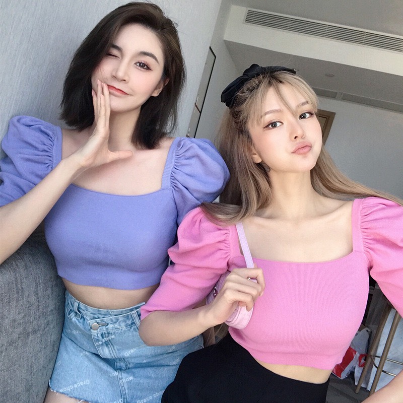 Áo len croptop cổ vuông trễ vai tay bồng chất thun tăm siêu mát hàng Quảng Châu loại 1 AL07