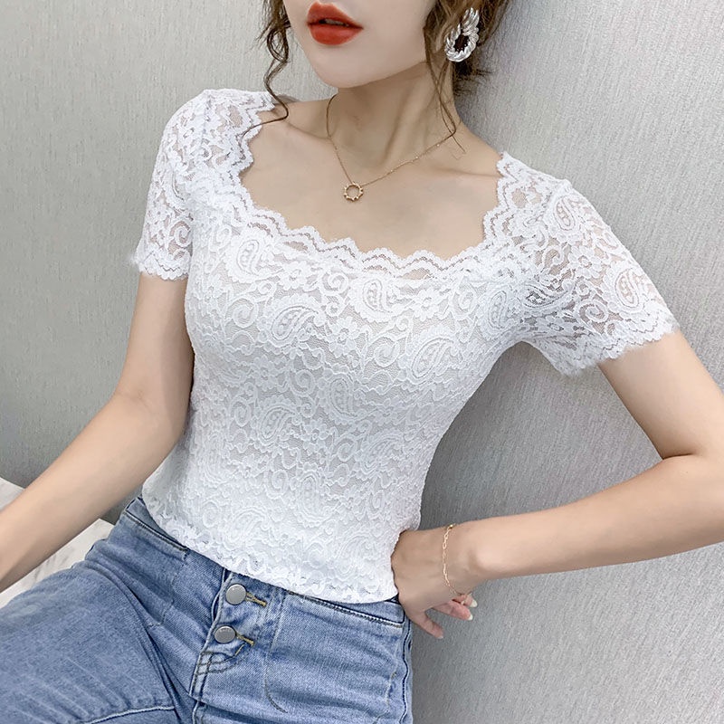 Áo Nữ Tay Ngắn Cổ Vuông Phối Ren Thời Trang Quyến Rũ