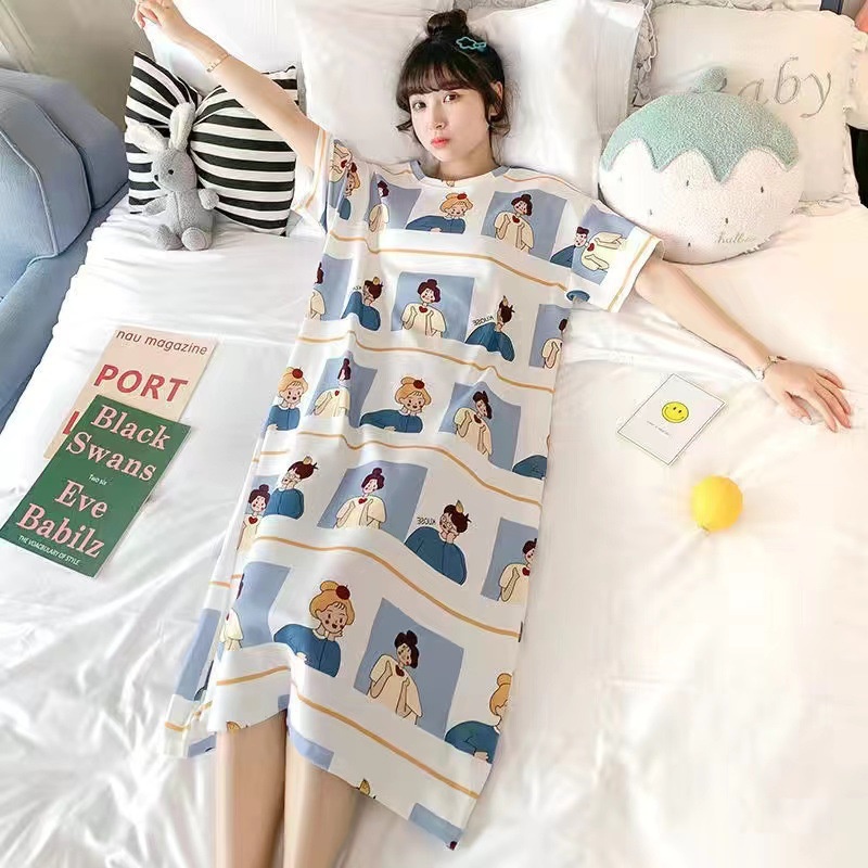 Váy Nữ ❤️FREESHIP❤️ Ngủ Cộc Tay sexy, Đầm Ngủ Suông Chất Cotton Mềm Mát Mặc Nhà Dễ Thương_VN33