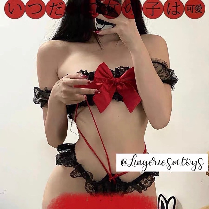 MY1782 - Set Nội Y Áo Quây Ren Voan Nơ Đỏ Nổi Bật - Kèm Nhiều Phụ Kiện Dễ Thương - Đồ Lót Nữ Gợi Cảm