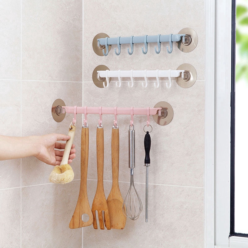 Double Suction Cup Towel Rack with 6 Hooks/ Plastic Adjustable Shelf Adhesive Hook/ Multifunctional Rotatable Nail Free Storage Rack
