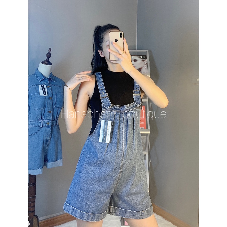 Quần Yếm Sooc Bò Hai Túi , Quần Sooc Jeans Denim Dạng Yếm Dáng Ngắn.