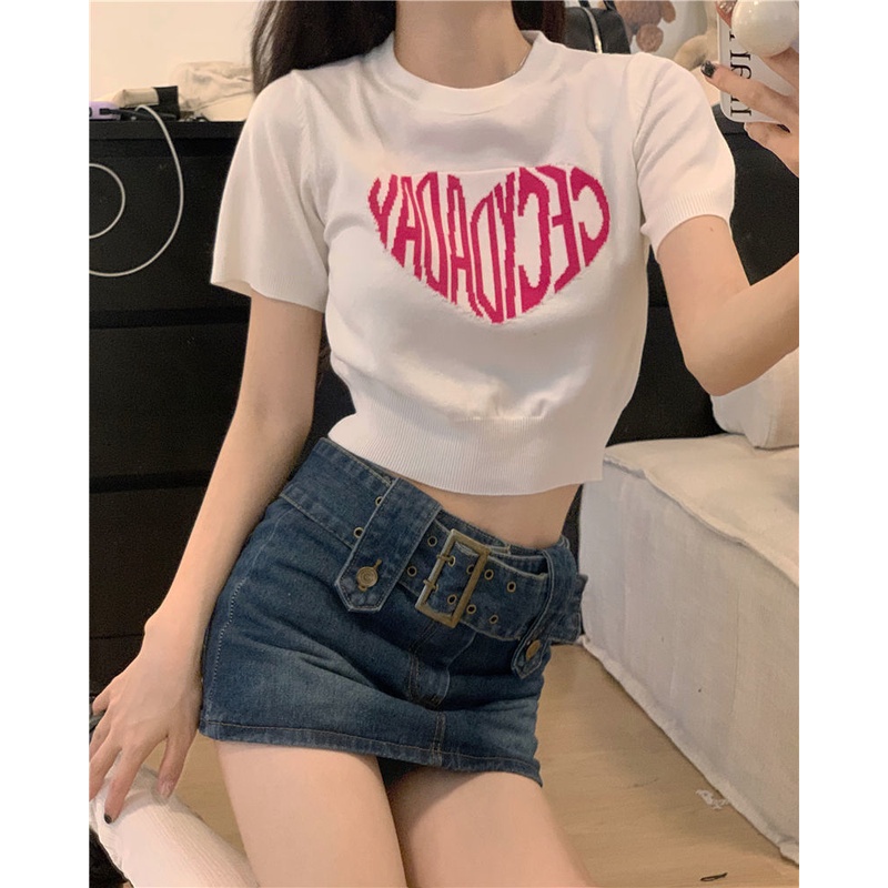 Áo Thun Dệt Kim Màu Xanh Đen Trắng Tay Ngắn Dáng Ôm Croptop Chữ Phong Cách Hàn Quốc Loại 1