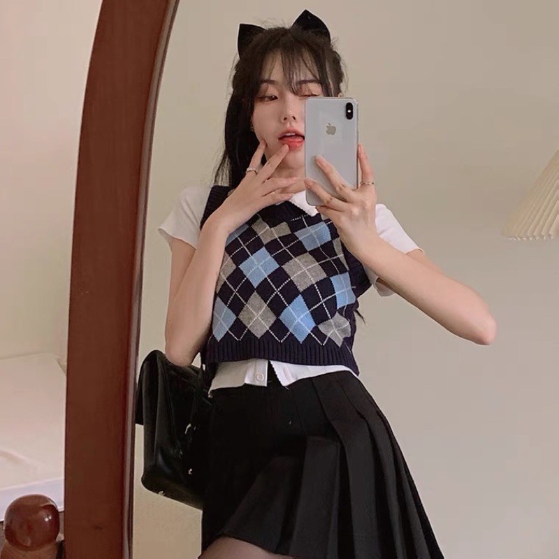 [Hàng đang về+ảnh thật] Set áo polo mix gile crotop kẻ caro phong cách highteen | BigBuy360 - bigbuy360.vn