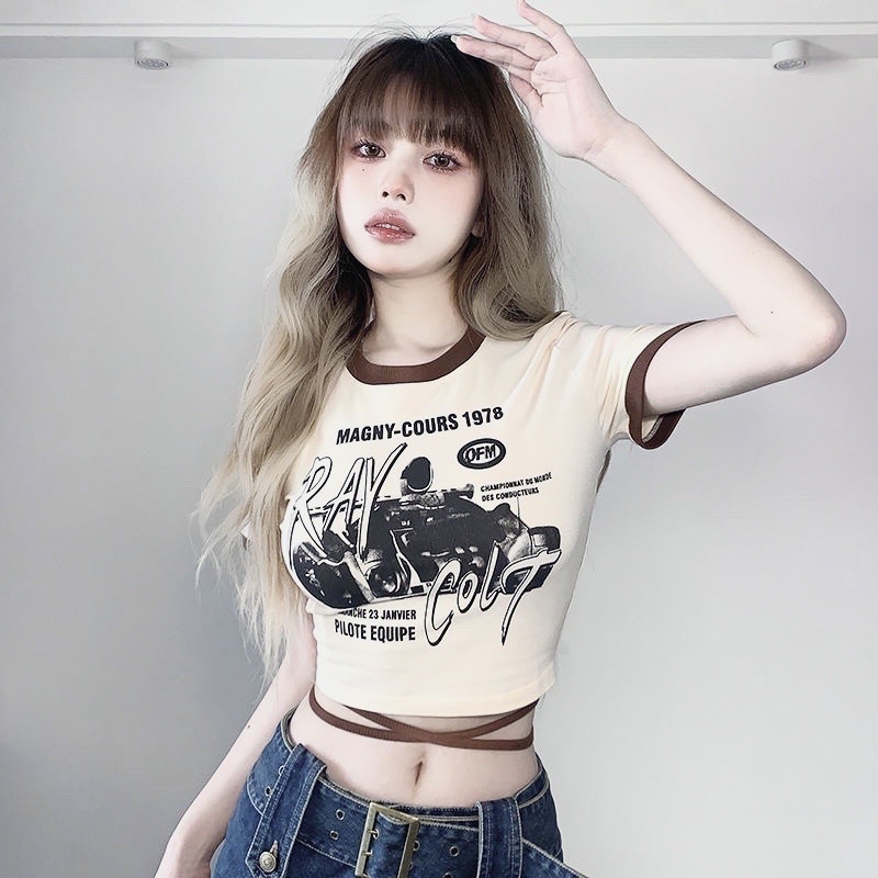 Áo Croptop Crt Trắng Viền Nâu Thiết Kế Đan Dây Eo Dáng Ôm In Hình Kèm Ảnh Thật