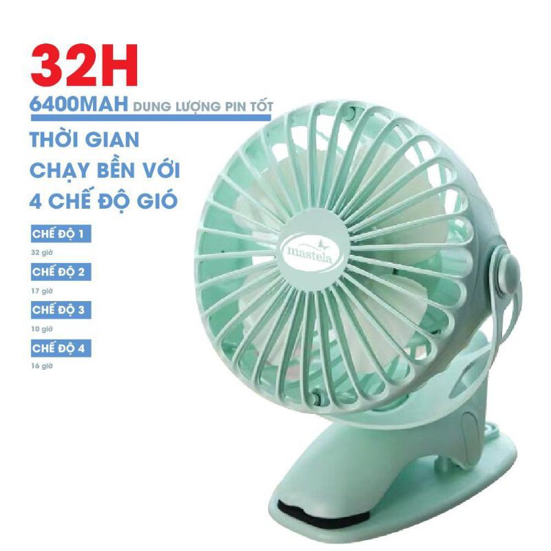 Quạt sạc tích điện mini Mastela xoay góc 720 độ, đế kẹp đa năng _ Hàng chính hãng