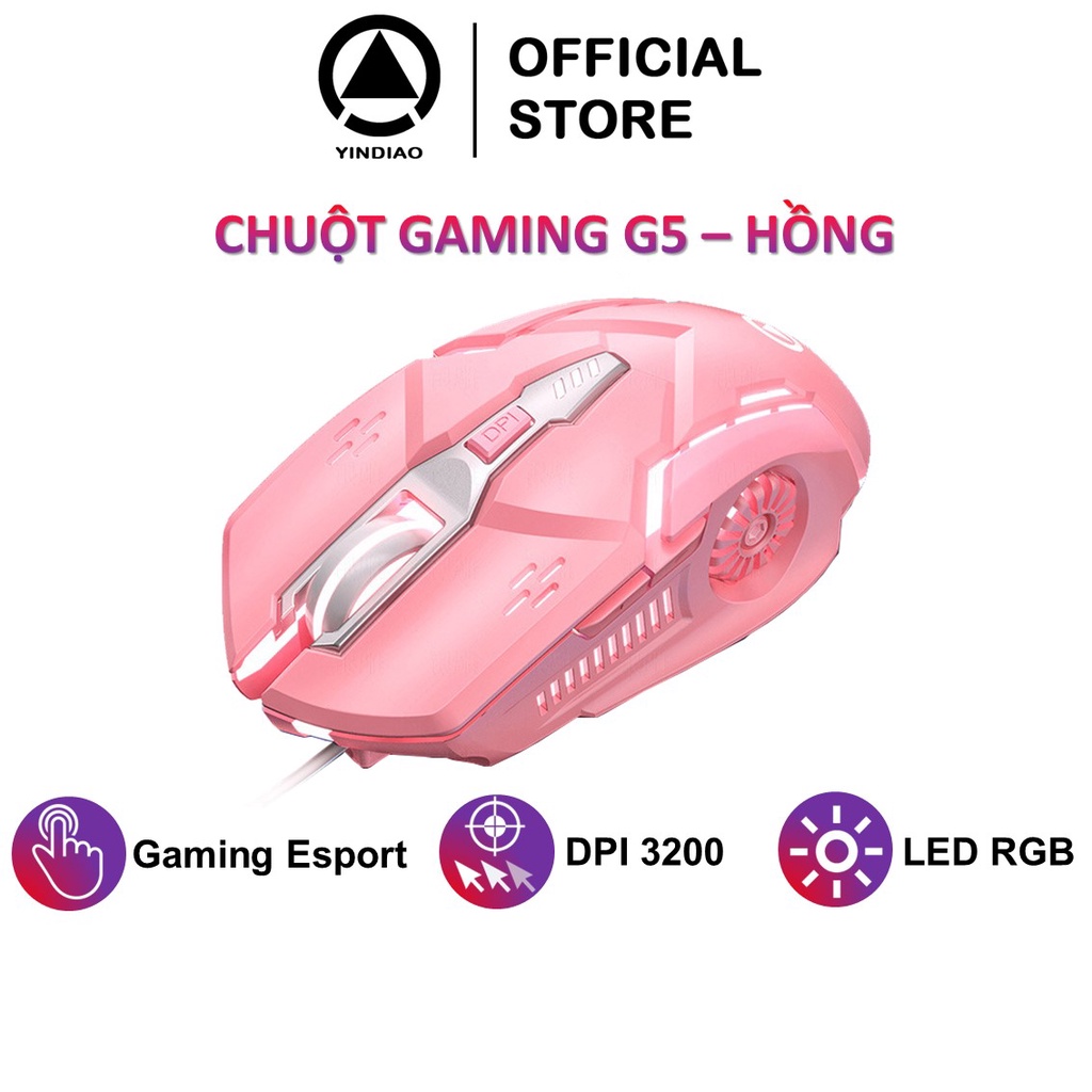 Chuột máy tính màu hồng gaming YINDIAO G5 có dây 3200DPI với 6 nút bấm và 7 chế độ LED RGB chuyên game FPS - Chính hãng