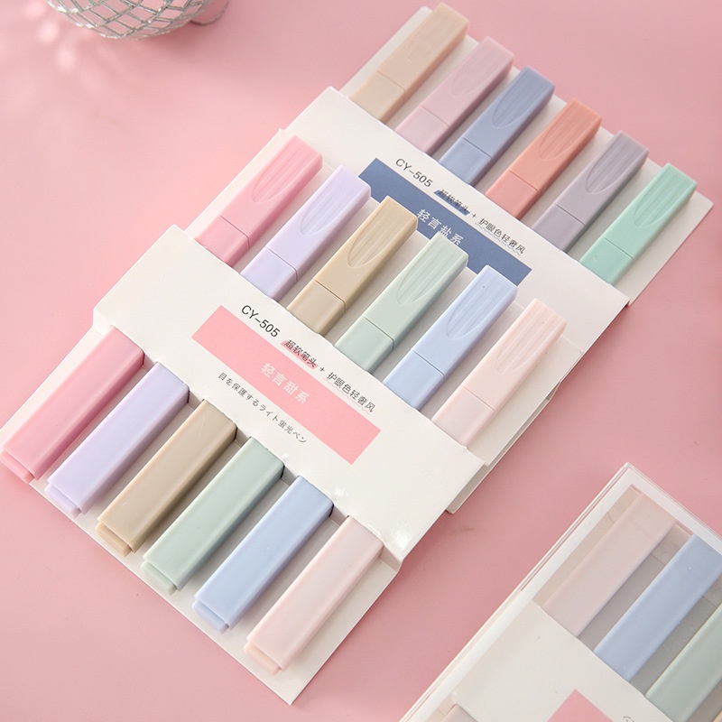 Bút highlight dạ quang Pennie 6 màu pastel đánh dấu retro xinh xắn thân vuông