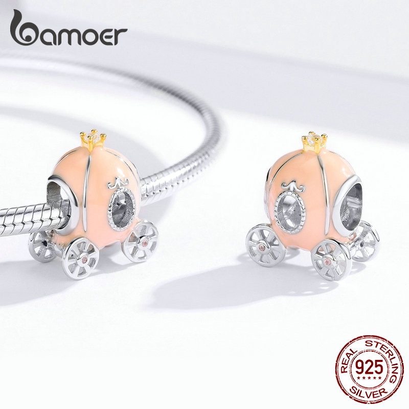 Hạt Charm Bamoer BSC135 Hình Cỗ Xe Bí Ngô Màu Be Làm Vòng Tay Dây Rắn Cho Bạn Nữ Bằng Bạc 925 Thật