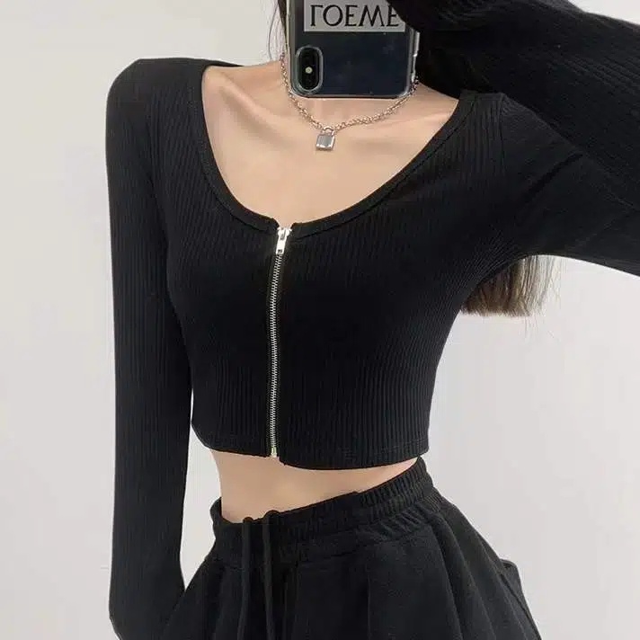 Happy-store ❤️ Áo croptop tay dài dây kéo thun gân - Crt dài tay dây kéo chất đẹp