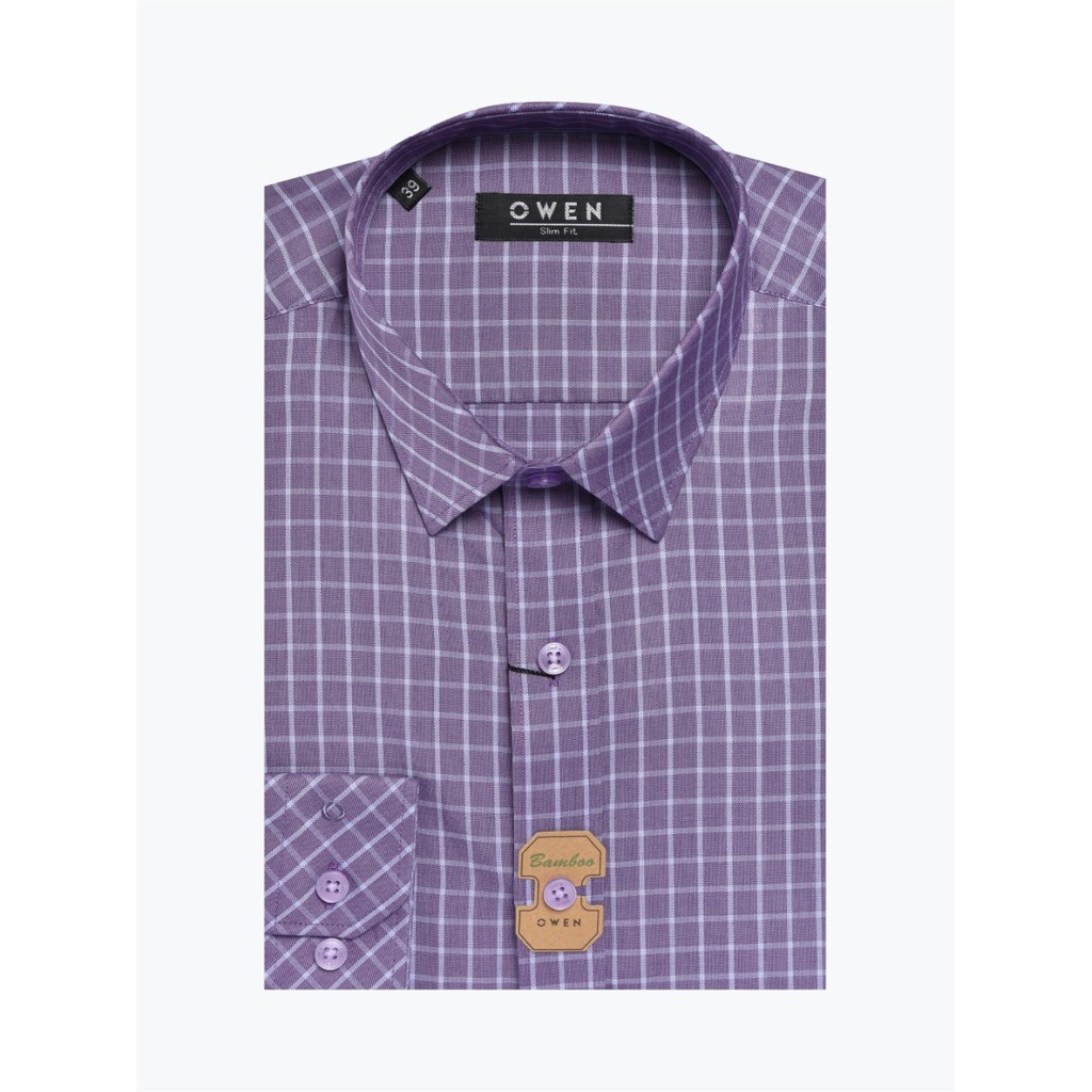 Áo sơ mi owen dài tay màu tím xanh nhạt caro slim fit vải sợi tre AS23215D