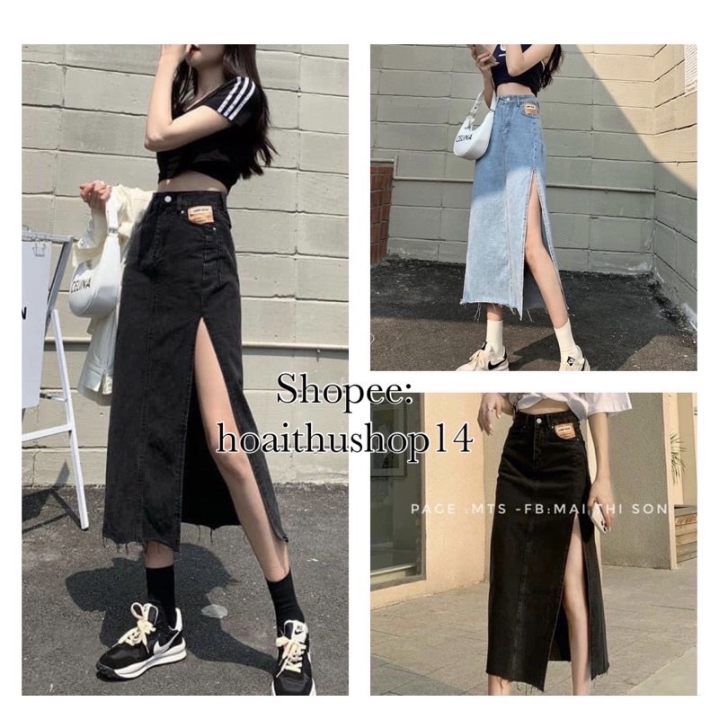Chân Váy Jeans Dài Cạp Cao Xẻ Bên Phong Cách Ulzzang