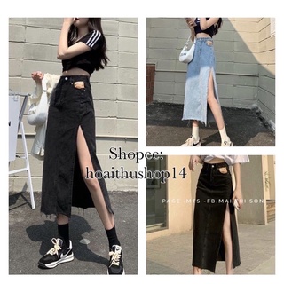 Chân váy jeans dài cạp cao xẻ bên phong cách ulzzang