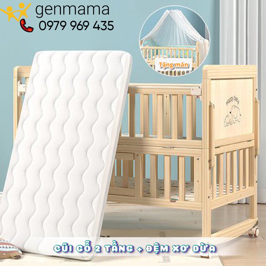 Cũi gỗ thông minh 2 tầng GENMAMA (combo cũi + nệm + tặng màn), nôi giường đa năng 6 chế độ kích thước 105*60*90 cm