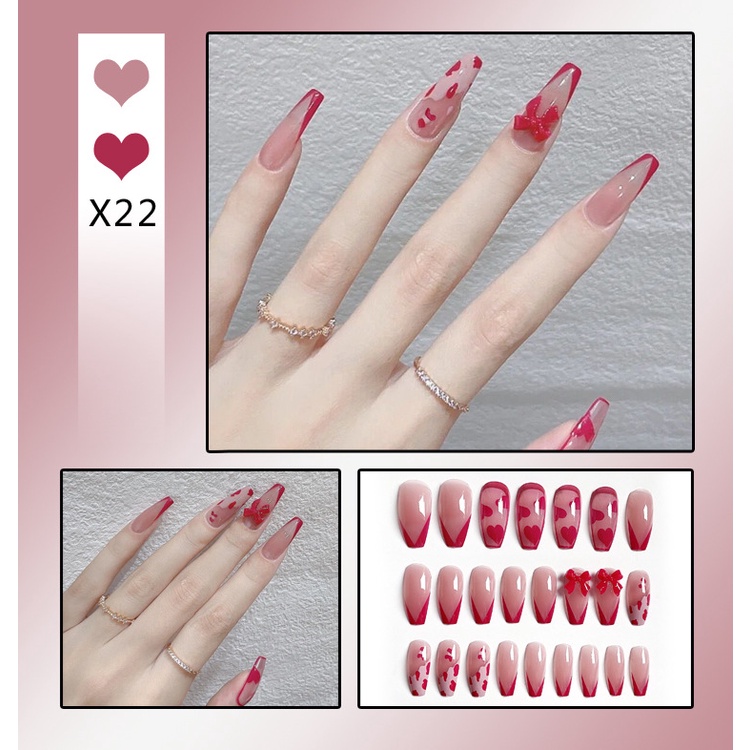 Móng tay giả đính nơ dài vuông Jojo X22 móng giả nailbox thời trang kute kèm keo dán tự làm tại nhà
