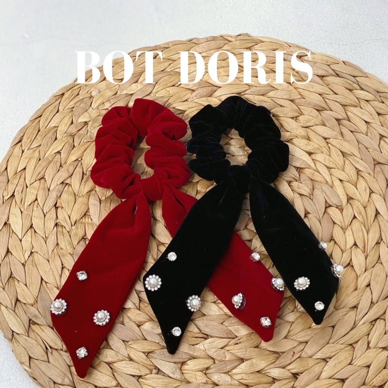 Cột tóc scrunchies hình nơ bằng nhung đính đá cao cấp, phụ kiện tóc phong cách Hàn Quốc
