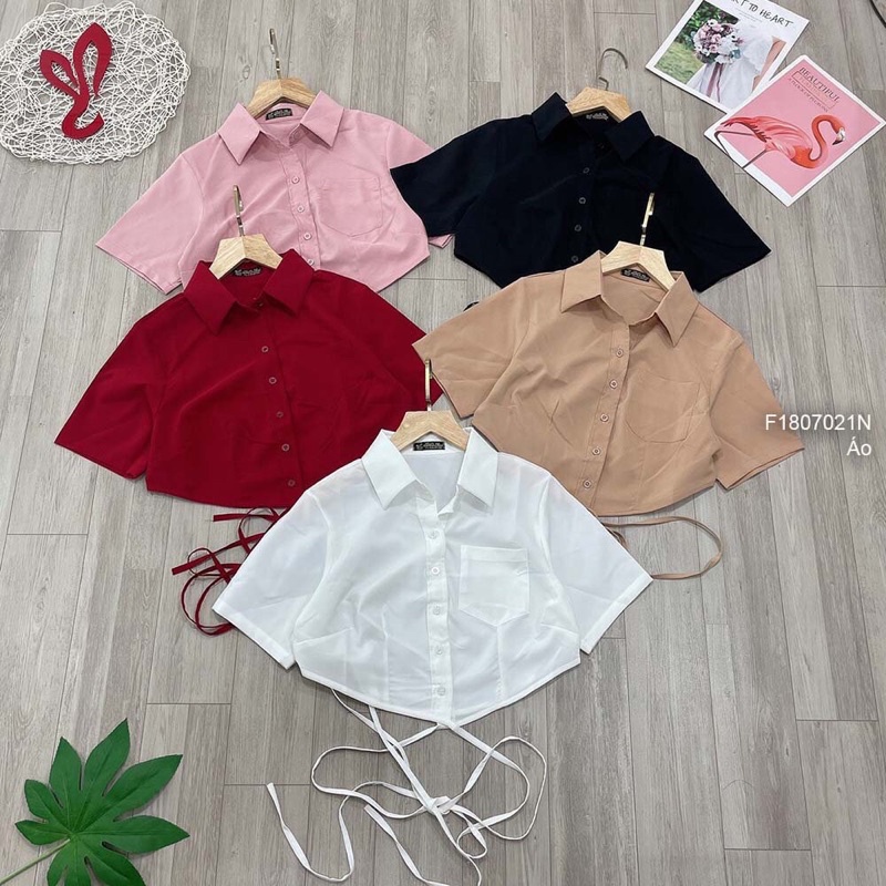 Áo sơ mi croptop cổ bẻ khoét hai eo cột dây kiểu TT1807