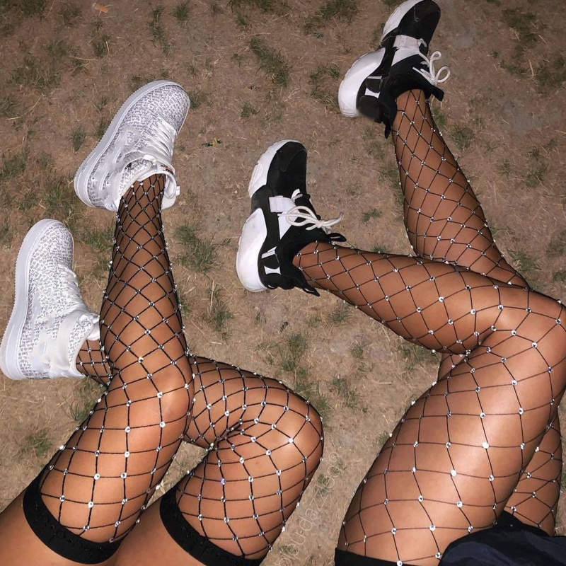 XIXI Vớ lưới dài trên gối đính đá lấp lánh quyến rũ cho nữ