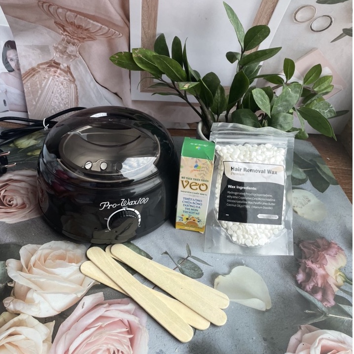 Combo Nồi Nấu Sáp Wax lông Pro Wax 100 + mỡ trăn+100g (Sáp Sữa Dừa) Tặng que gỗ