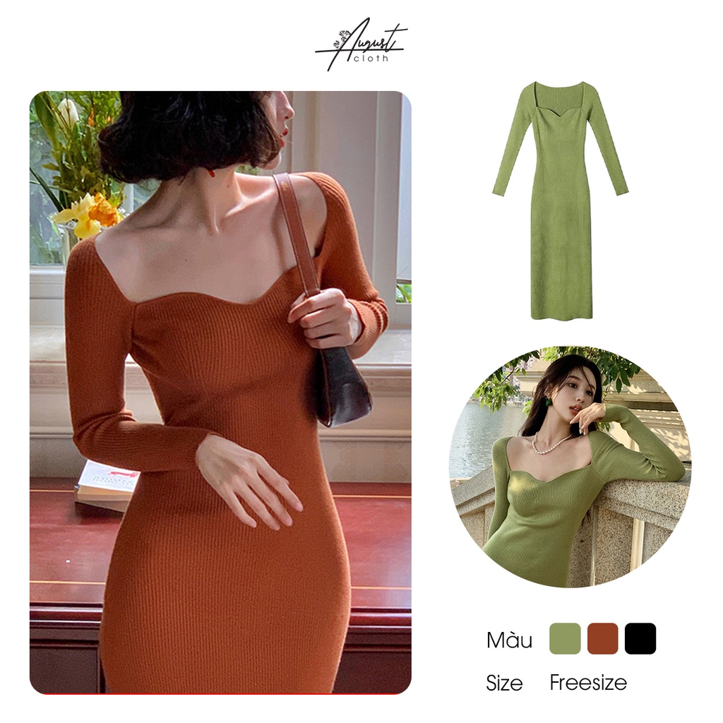 [Augustcloth]Đầm/ Váy dài tay dài cổ tim xanh phong cách Hàn Quốc