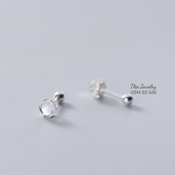 Khuyên tai bạc nữ TLEE hạt tròn đá moonstone lấp lánh bạc 925 cao cấp chốt vặn TleeJewelry B0125