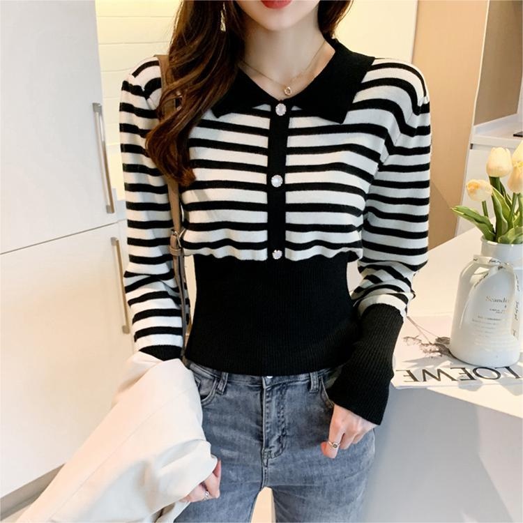 【ZHELIHANGFEI】Áo Sweater Cổ POLO Tay Dài Ôm Eo Họa Tiết Kẻ Sọc Phong Cách Sang Trọng