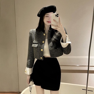 Áo khoác nữ dạ tweed tay trắng dáng ngắn