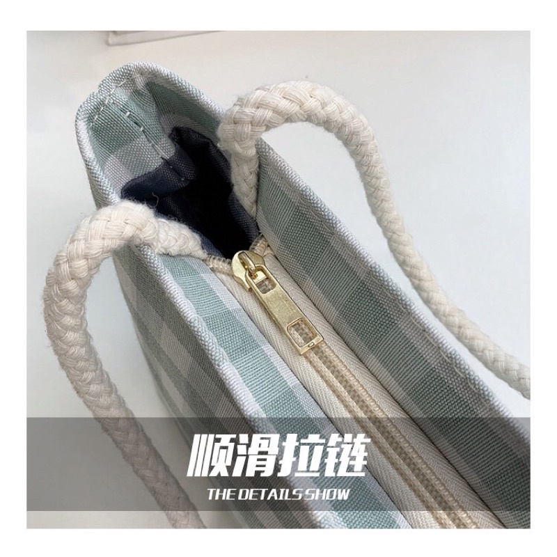 Túi vải canvas cầm tay hàng Quảng Châu kẻ caro nhỏ có khoá kéo tay cầm