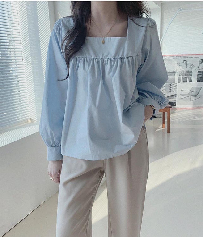 Áo Sơ Mi Nữ Tay Dài Cổ Vuông Màu Xanh Dương Dễ Phối Đồ Thời Trang 49734