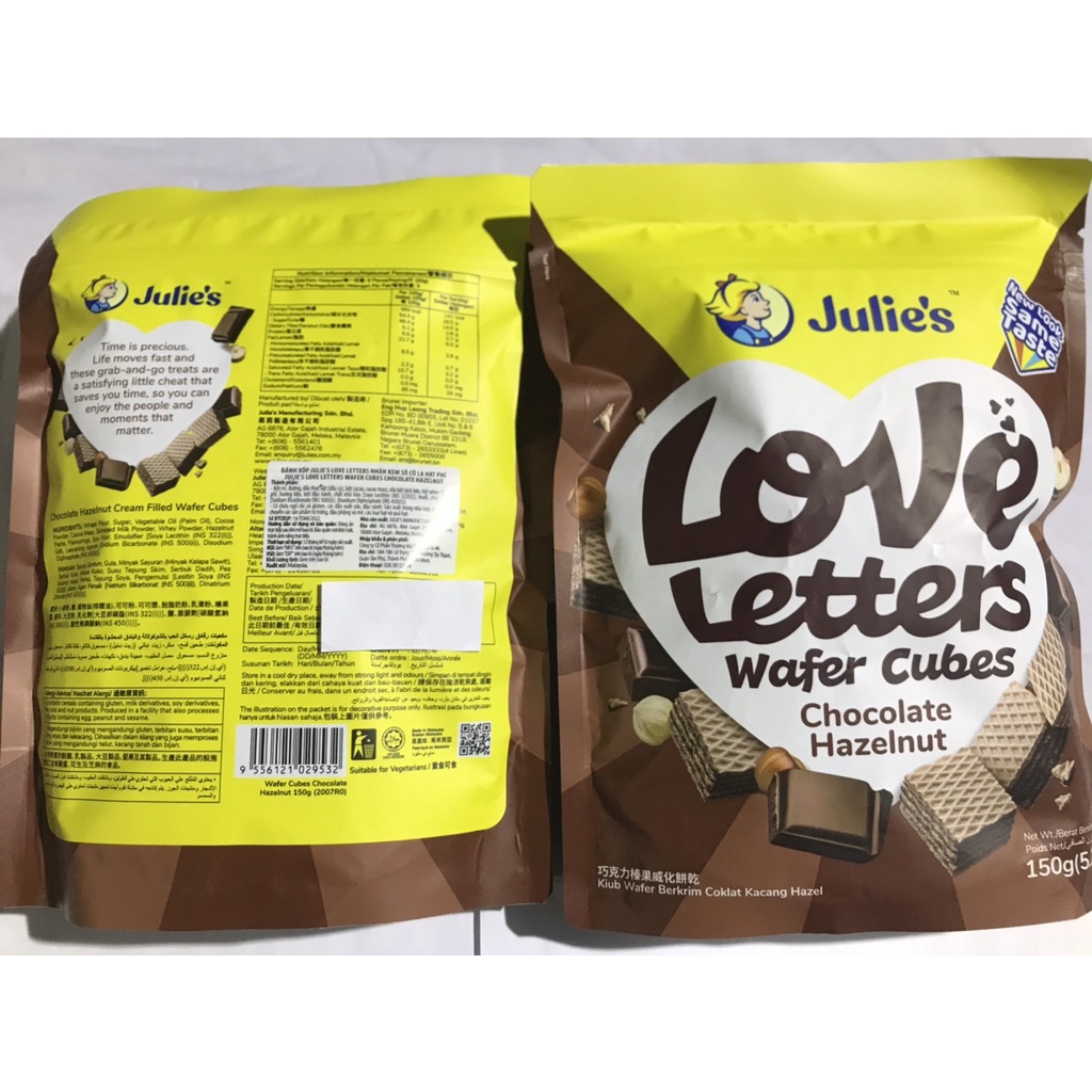 Bánh Xốp Julie's gói 150g chocolate, Wafer Cubes Chocolate Hazelnut (gói 150g)