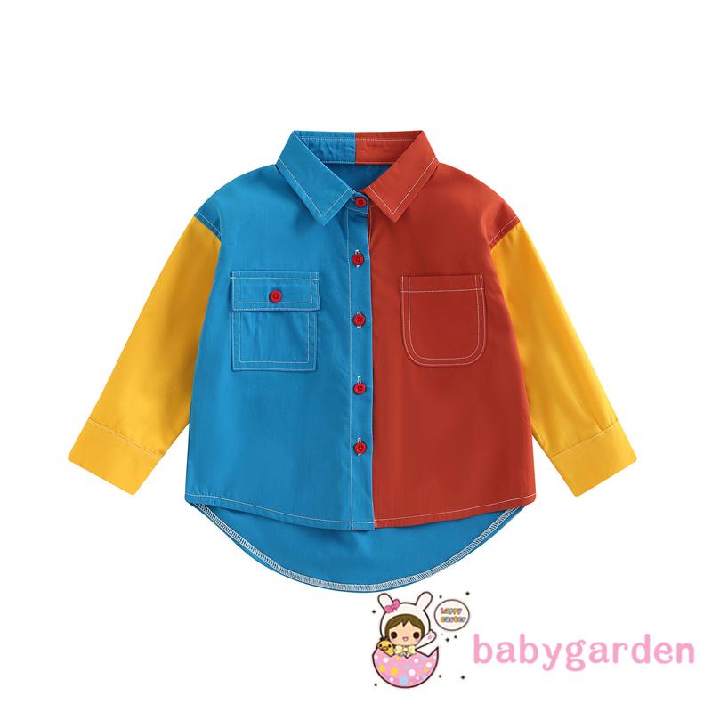 Áo Sơ Mi Tay Dài Cài Khuy Màu Sắc Tương Phản Phối Túi Thời Trang Mùa Thu Cho Bé 2-7 Tuổi